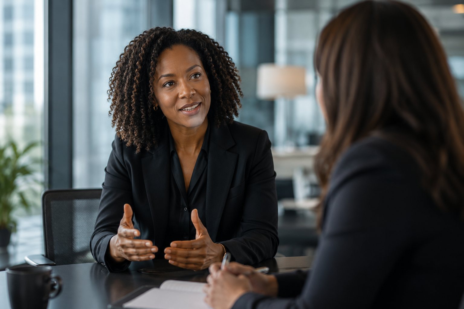 Advisory conversation between Letoya Mxotwa and a client in a Johannesburg office
