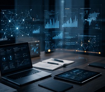 Laptop and tablet displaying an AI strategy dashboard