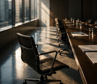 Empty boardroom table set for a meeting