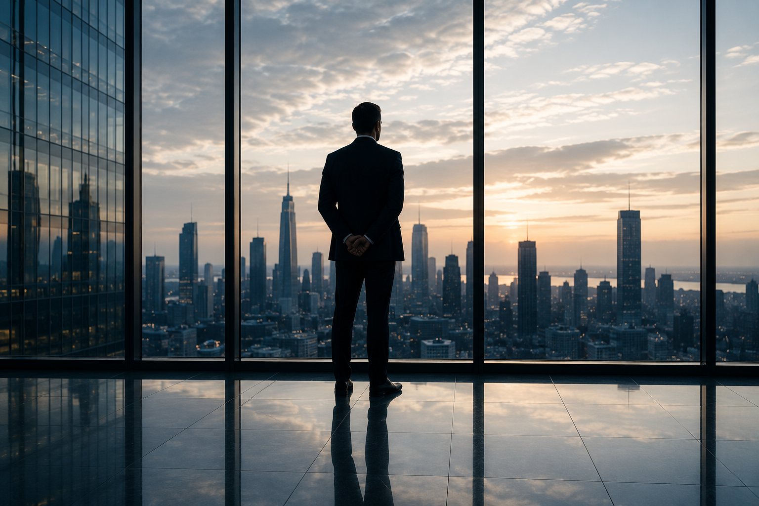 Executive reflecting before a skyline, weighing a strategic decision