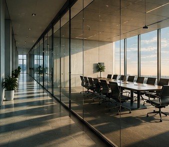 Glass corridor leading to a boardroom