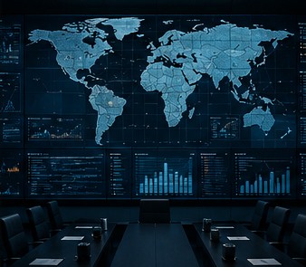 Market intelligence dashboard on a large screen