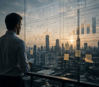Executive silhouette reviewing performance data at sunset