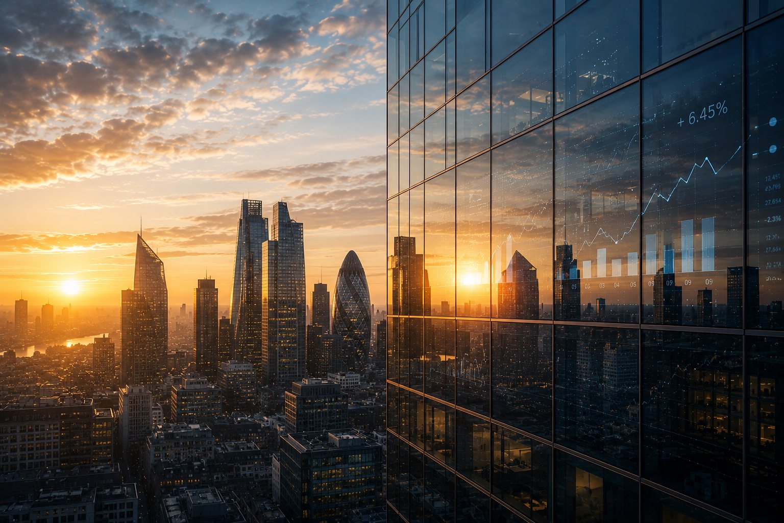 Glass office building reflecting a rising growth chart
