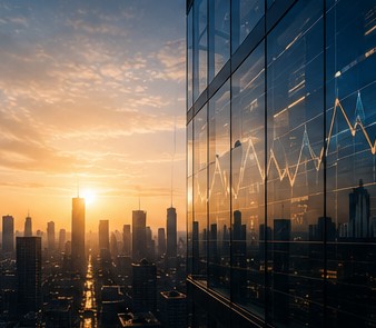 City skyline at sunset overlaid with a market chart